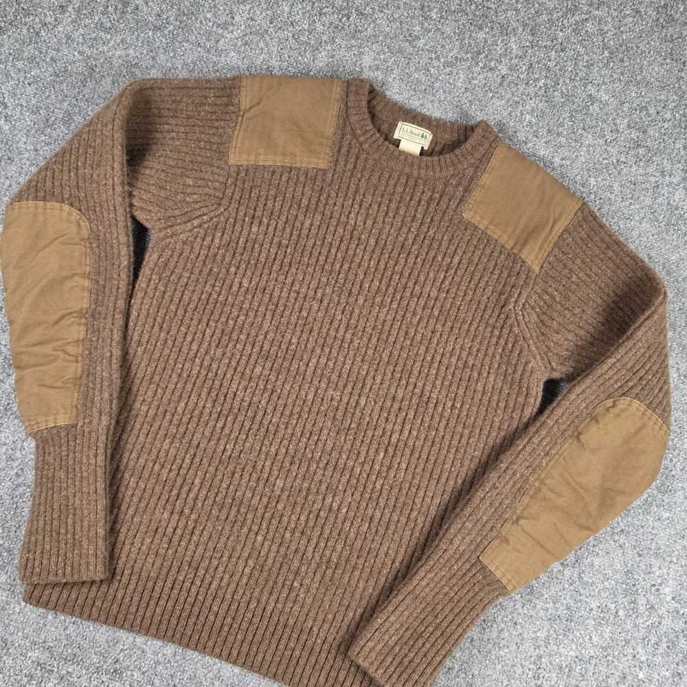 LL Bean Commando Sweater Mens XL Brown Lambswool Military Ribbed SHRUNK 228194